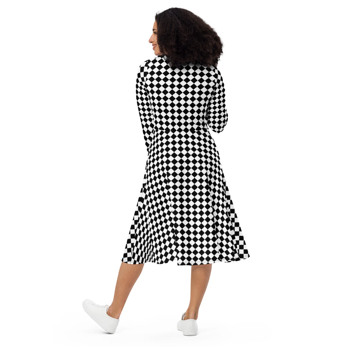 D.J. Domo "Checkered1" Long Sleeve Midi Dress White/Black