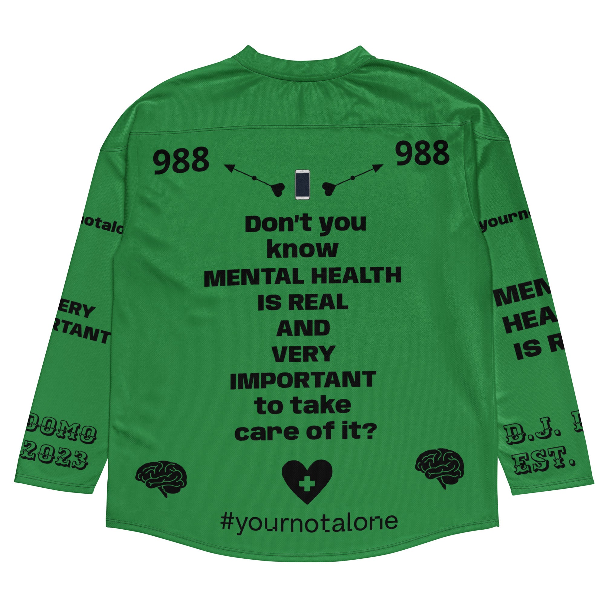 D.J. Domo "Mental Health 988" Unisex Hockey Fan Jersey Green/Black