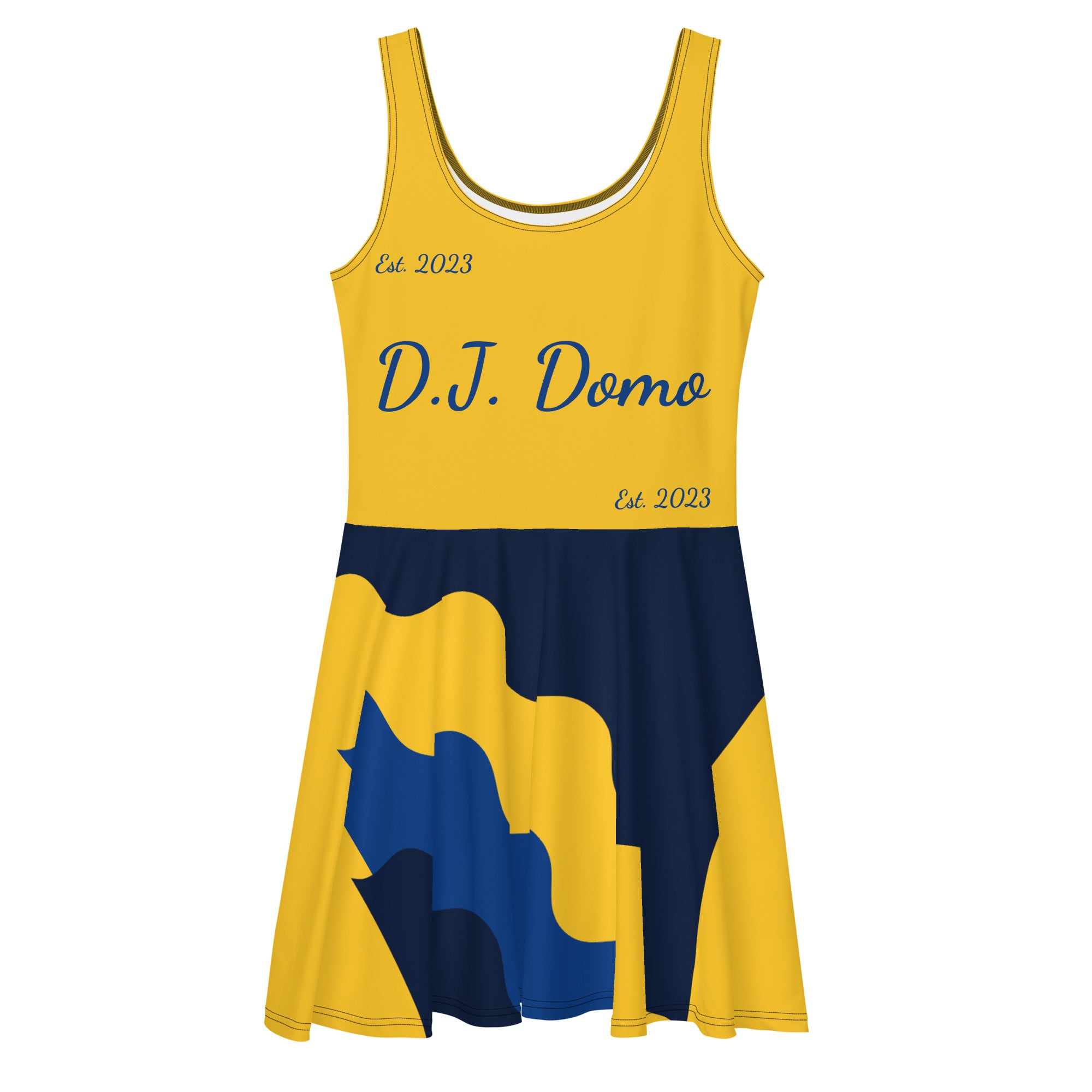 D.J. Domo "Cursive Bottom" Skater Dress Gold/Blue