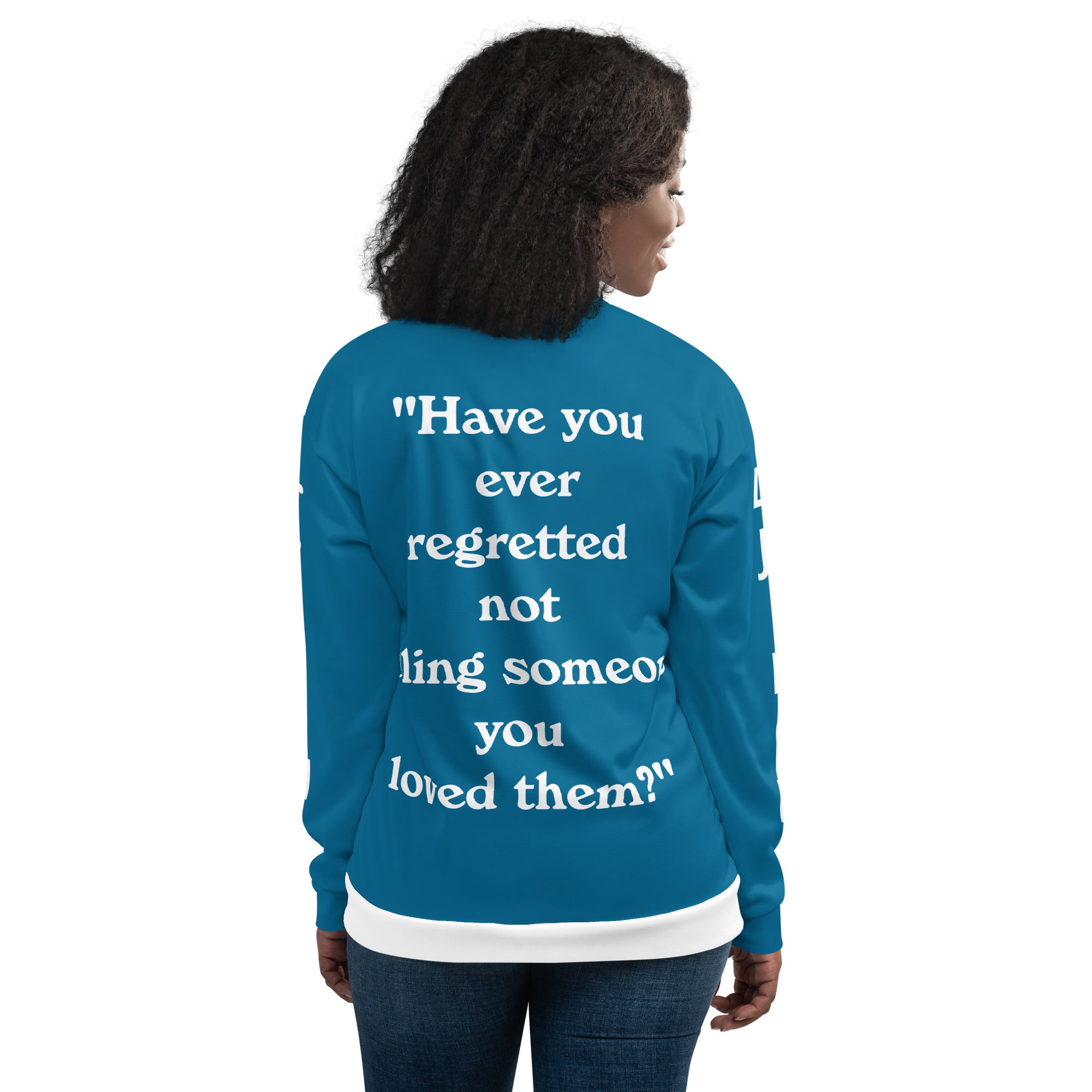 "Regretted" Unisex Bomber Jacket Light Blue/White