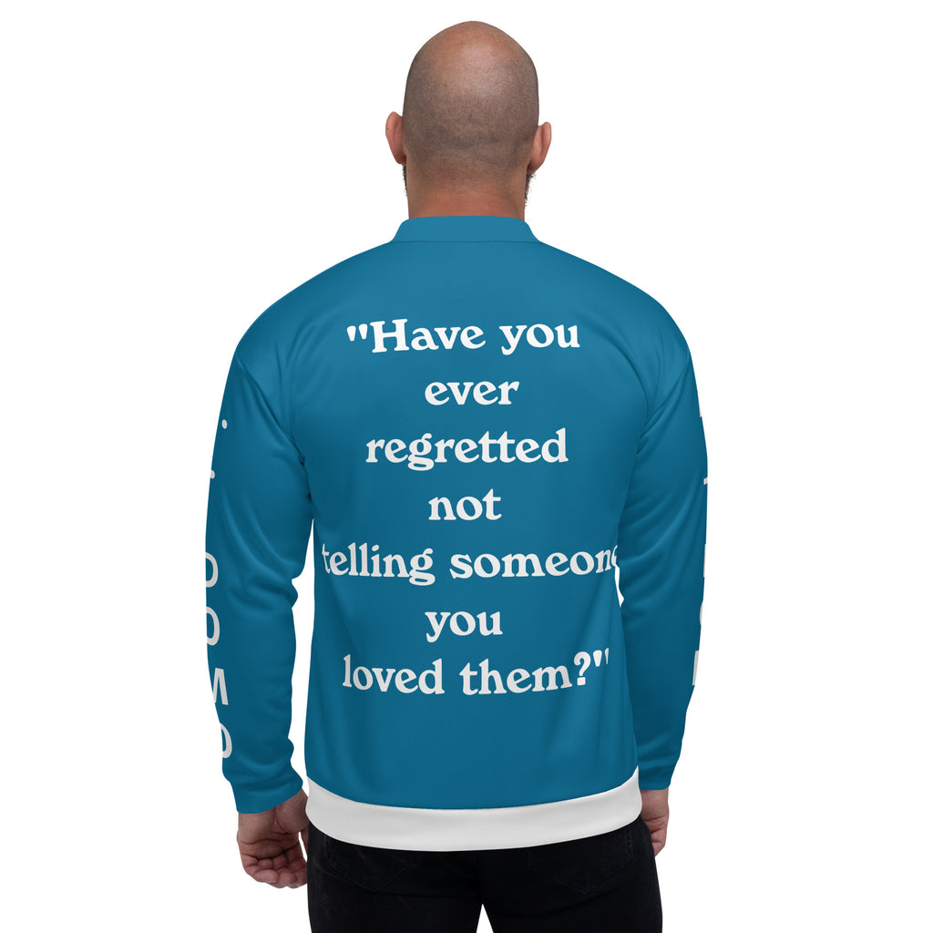 "Regretted" Unisex Bomber Jacket Light Blue/White