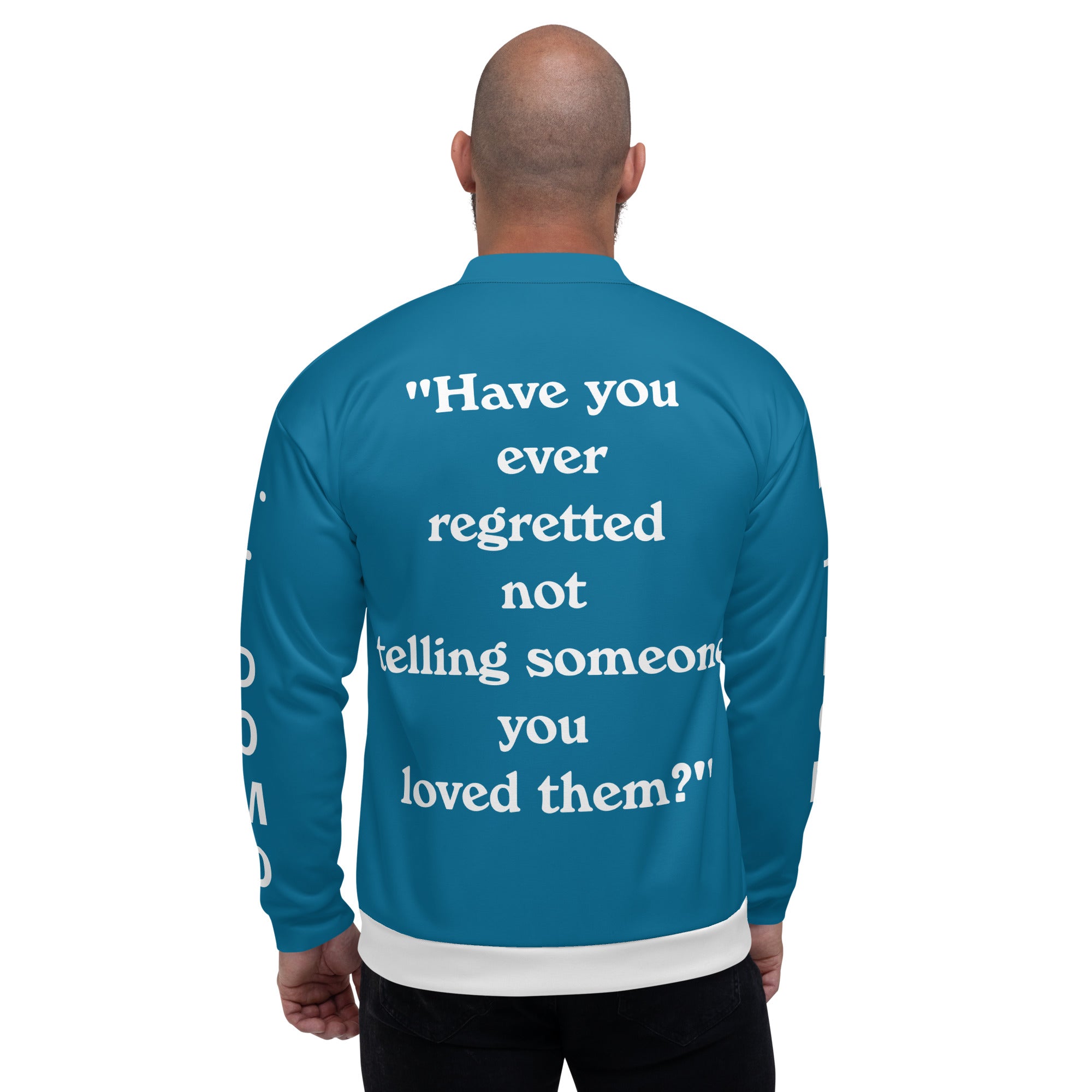 "Regretted" Unisex Bomber Jacket Light Blue/White