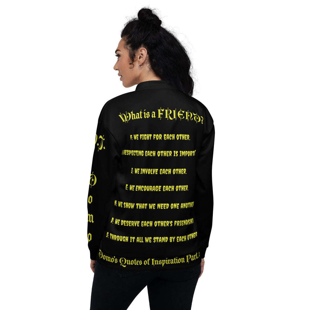 "What is a Friend?" Unisex Bomber Jacket Black/Gold