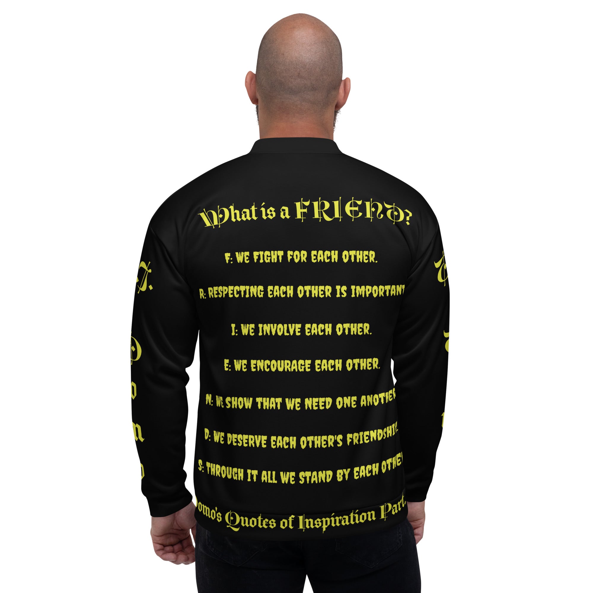 "What is a Friend?" Unisex Bomber Jacket Black/Gold