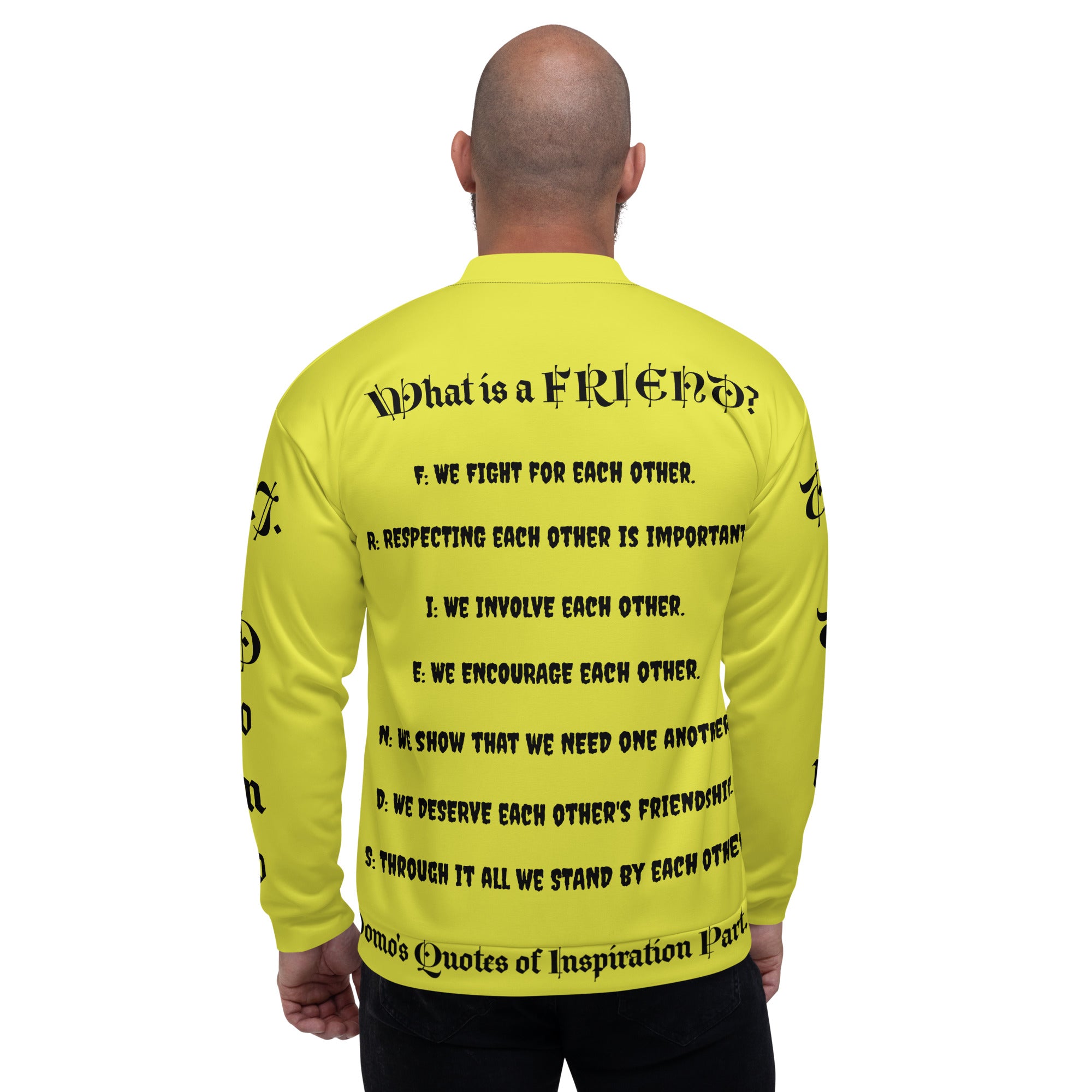 "What is a Friend?" Unisex Bomber Jacket Yellow/Black