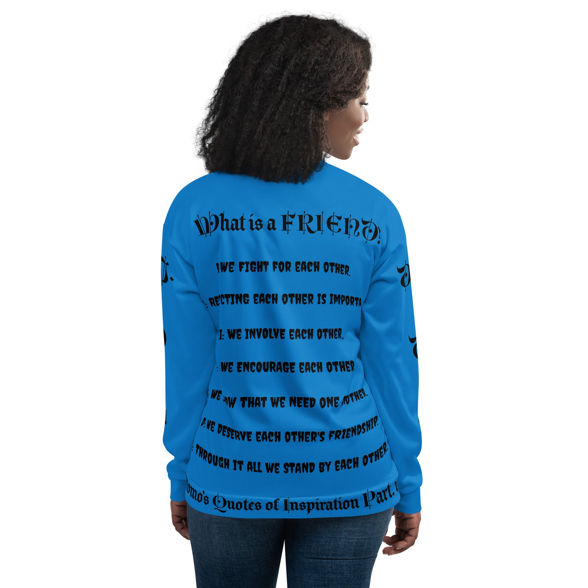 "What is a Friend?" Unisex Bomber Jacket Light Blue/Black