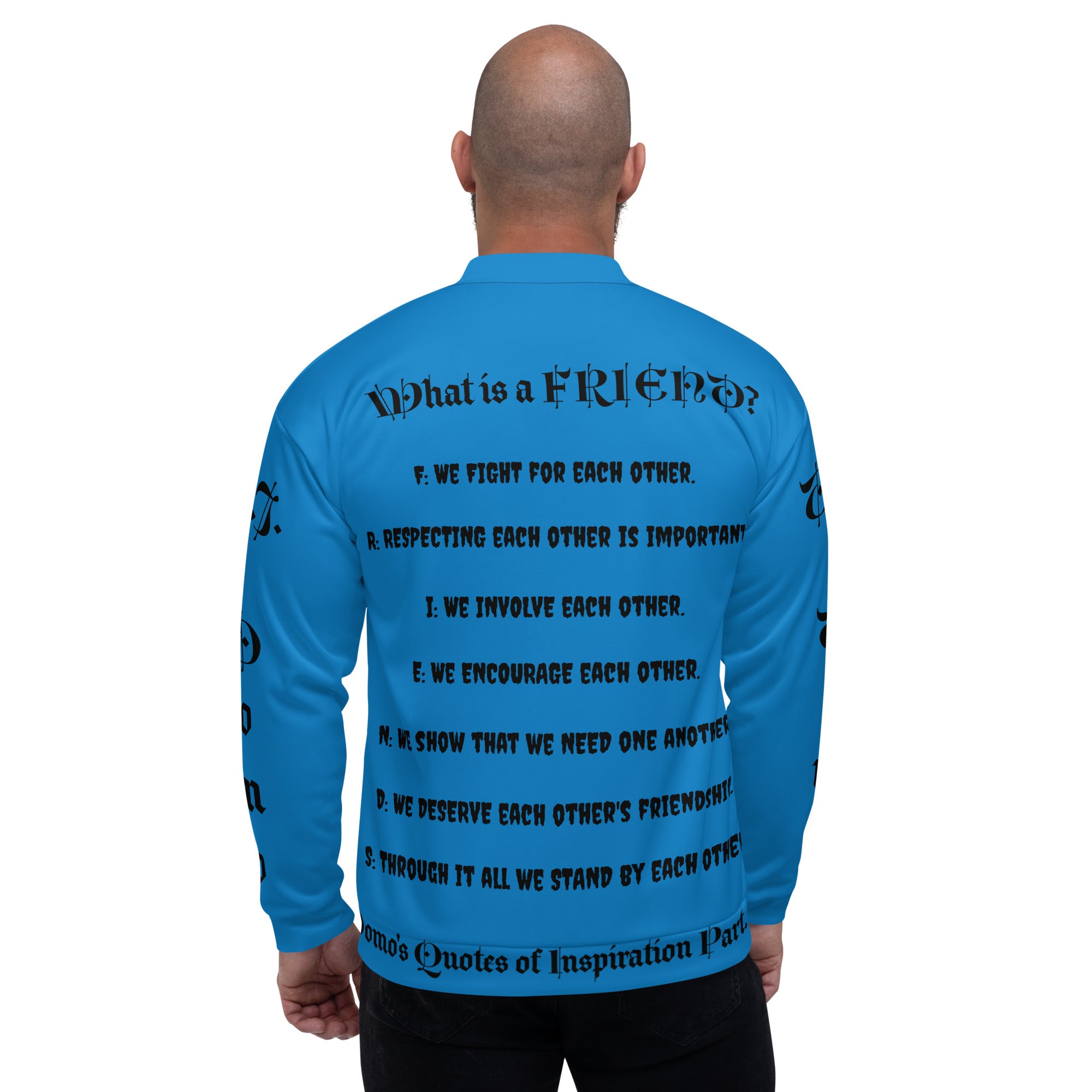 "What is a Friend?" Unisex Bomber Jacket Light Blue/Black