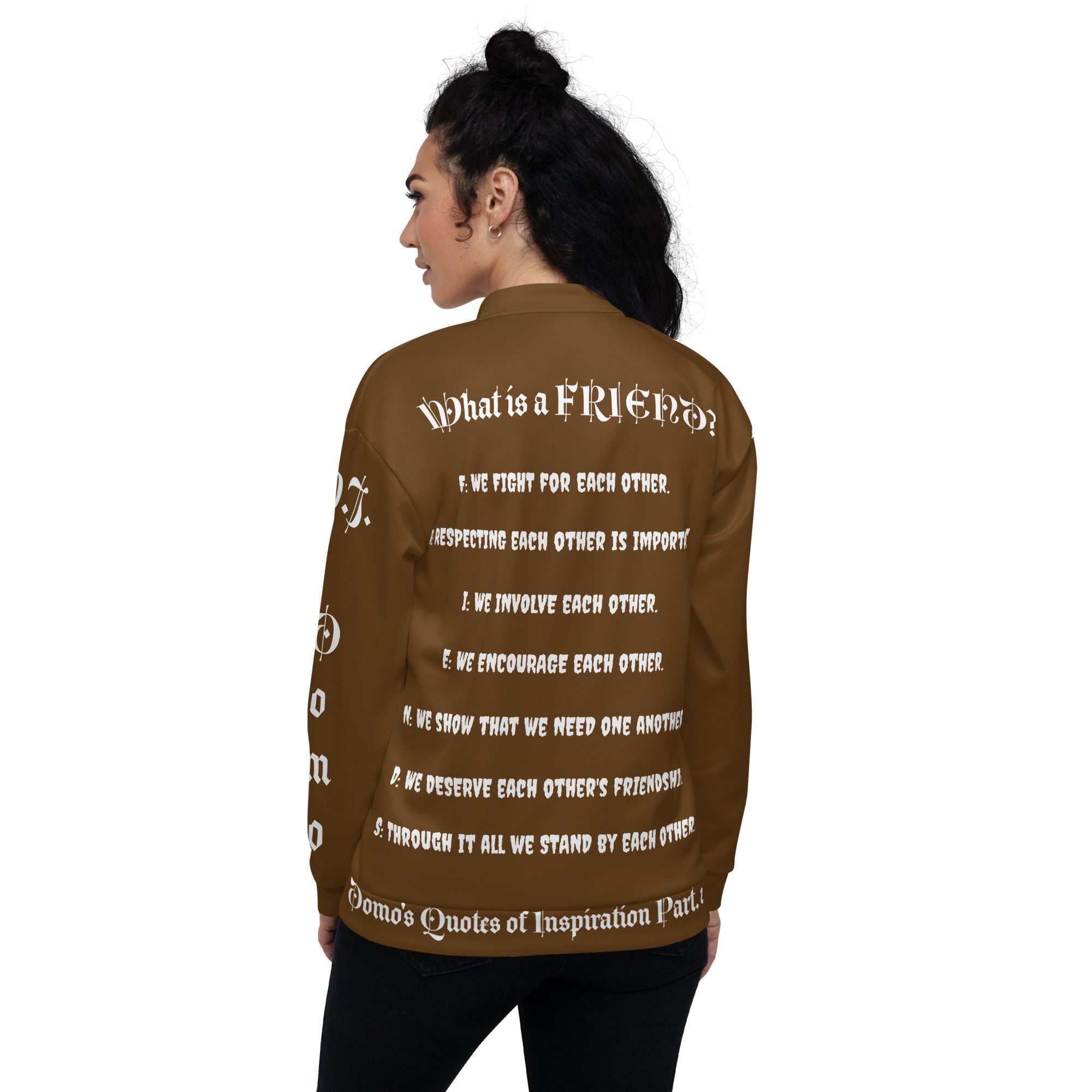 "What is a Friend?" Unisex Bomber Jacket Brown/White
