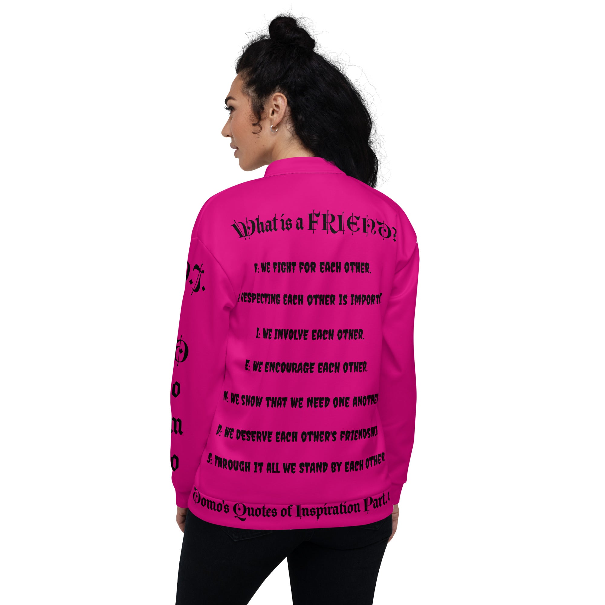 "What is a Friend?" Unisex Bomber Jacket Pink/Black