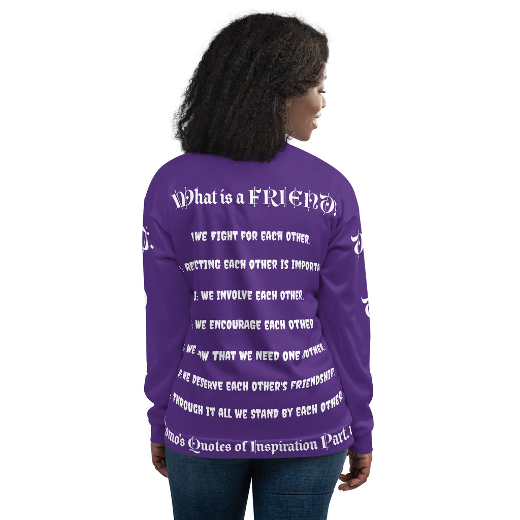 "What is a Friend?" Unisex Bomber Jacket Purple/White