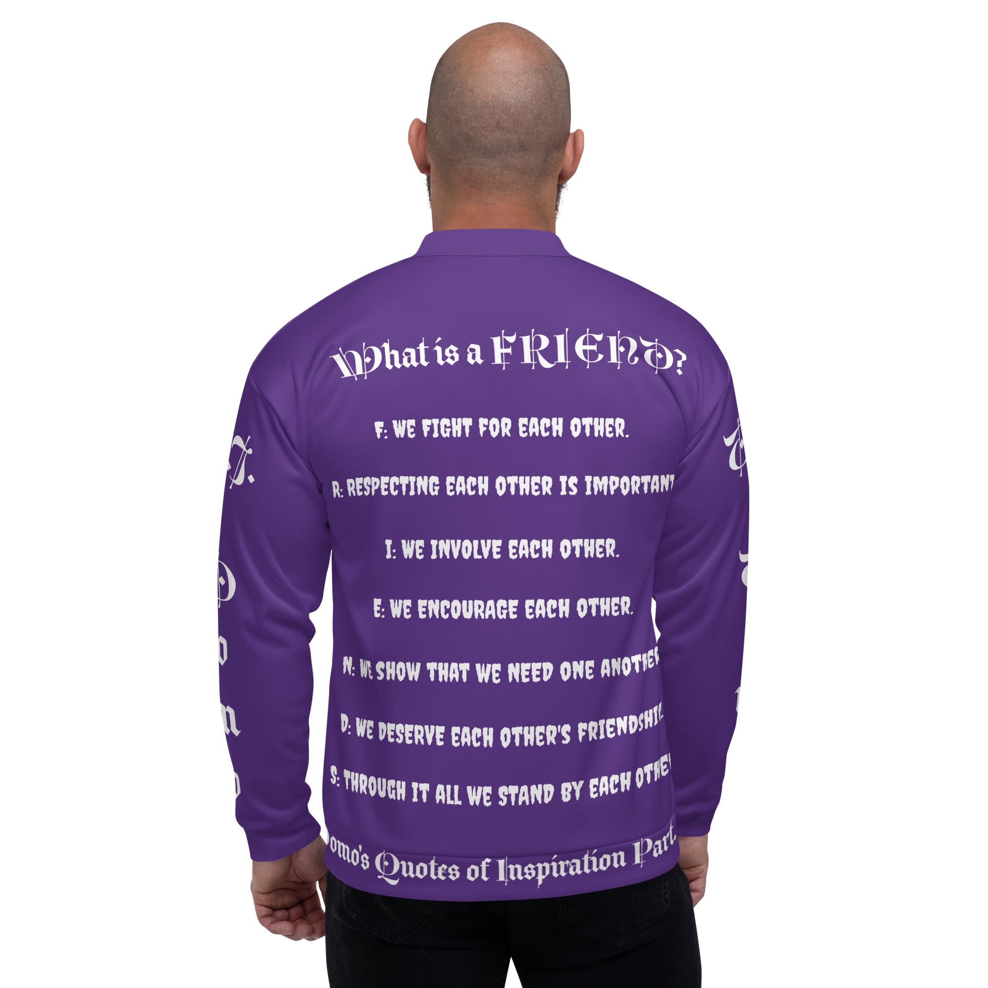 "What is a Friend?" Unisex Bomber Jacket Purple/White
