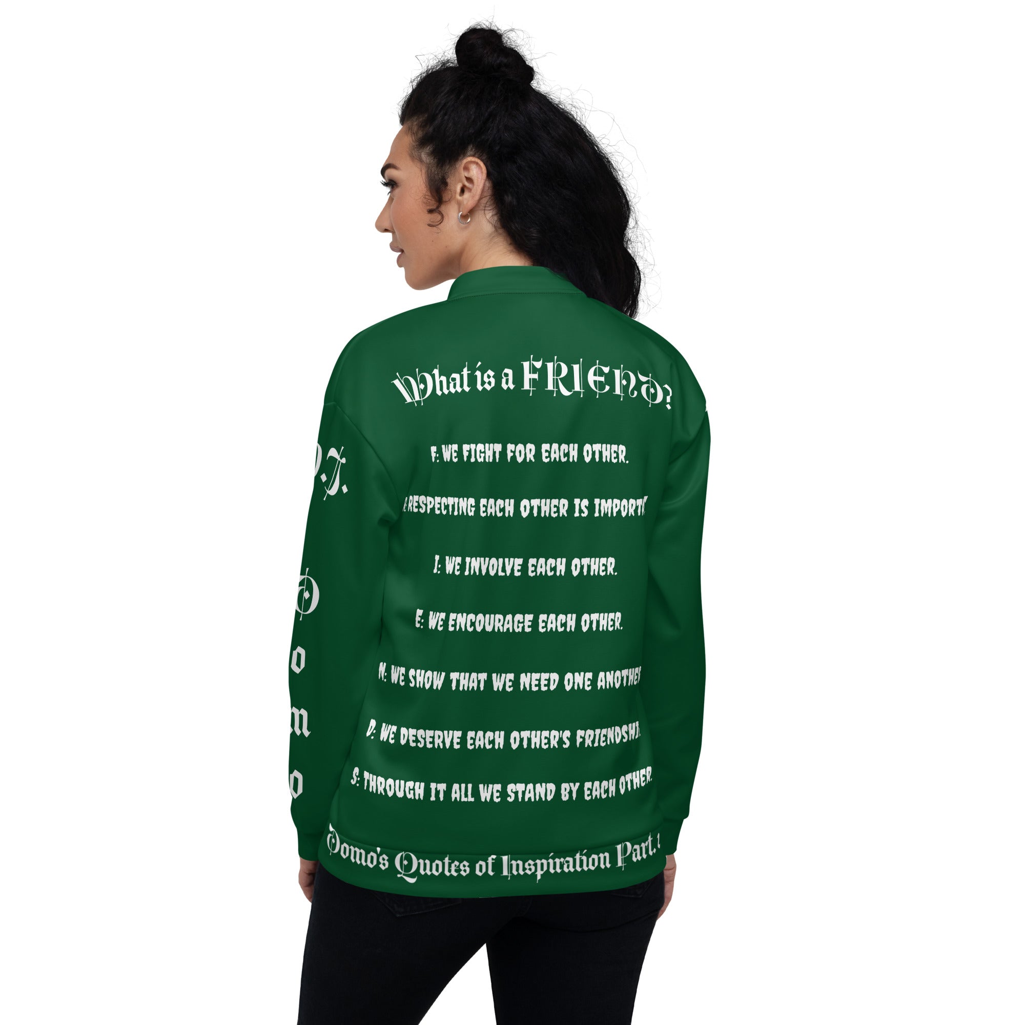 "What is a Friend?" Unisex Bomber Jacket Green/White