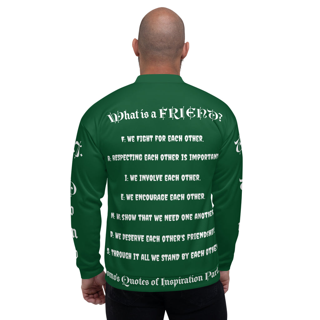 "What is a Friend?" Unisex Bomber Jacket Green/White