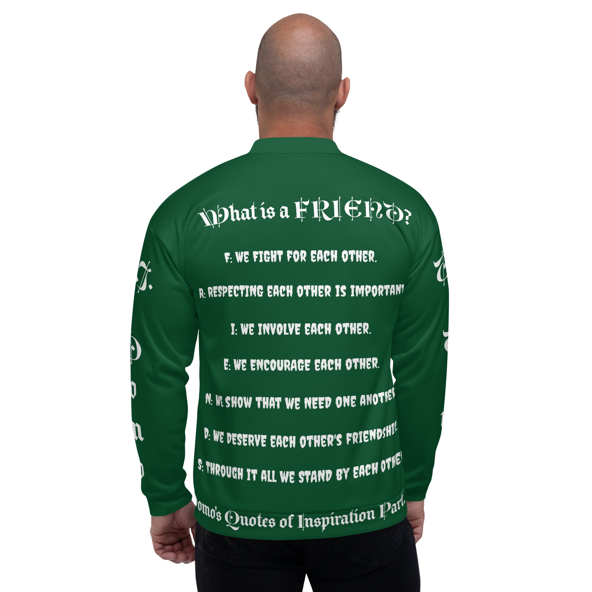 "What is a Friend?" Unisex Bomber Jacket Green/White
