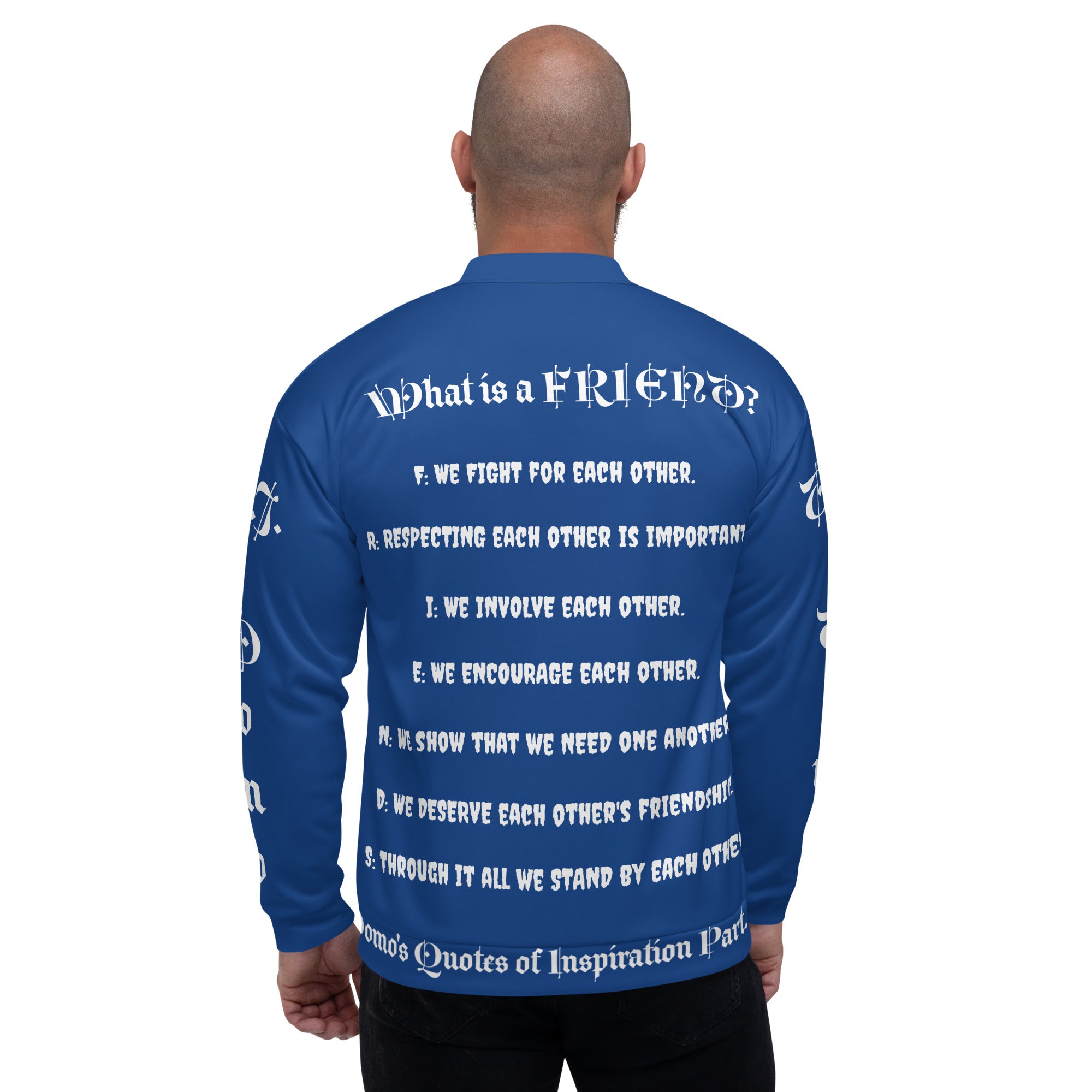 "What is a Friend?" Unisex Bomber Jacket Dark Blue/White