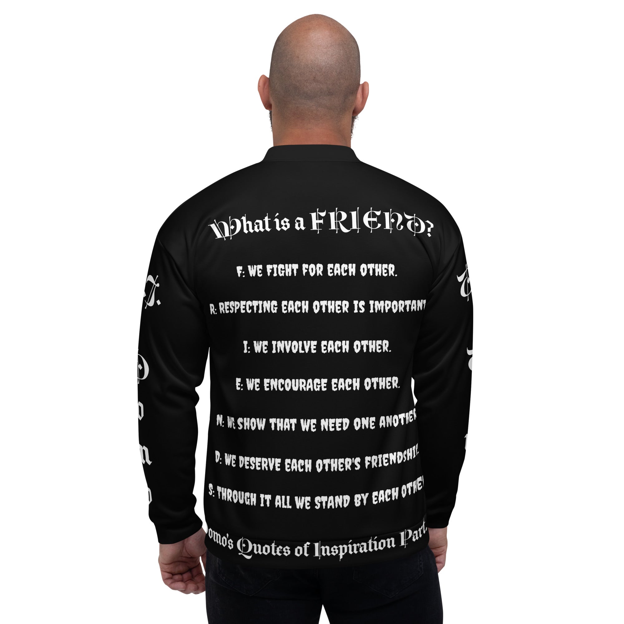 "What is a Friend?" Unisex Bomber Jacket Black/White