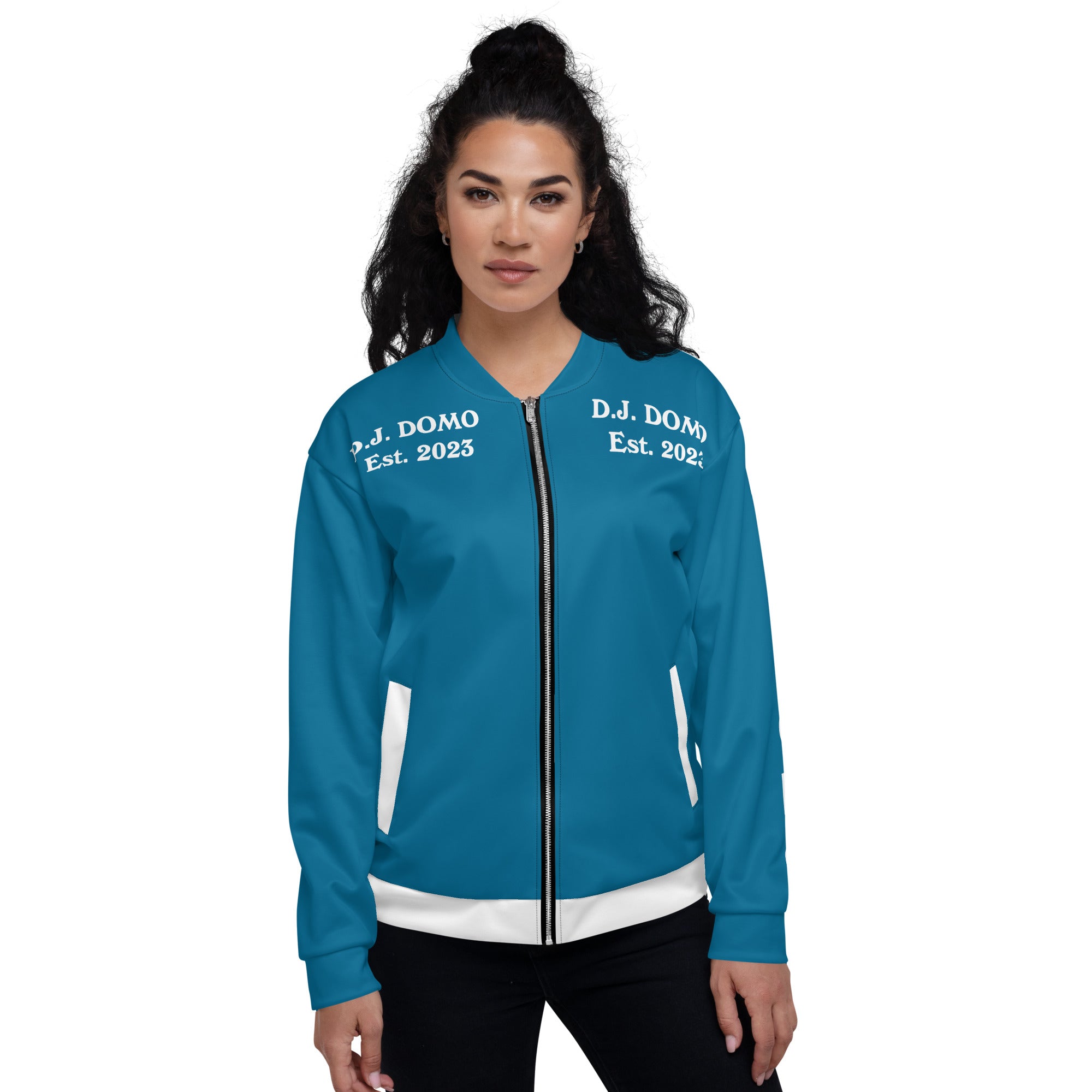 "Regretted" Unisex Bomber Jacket Light Blue/White