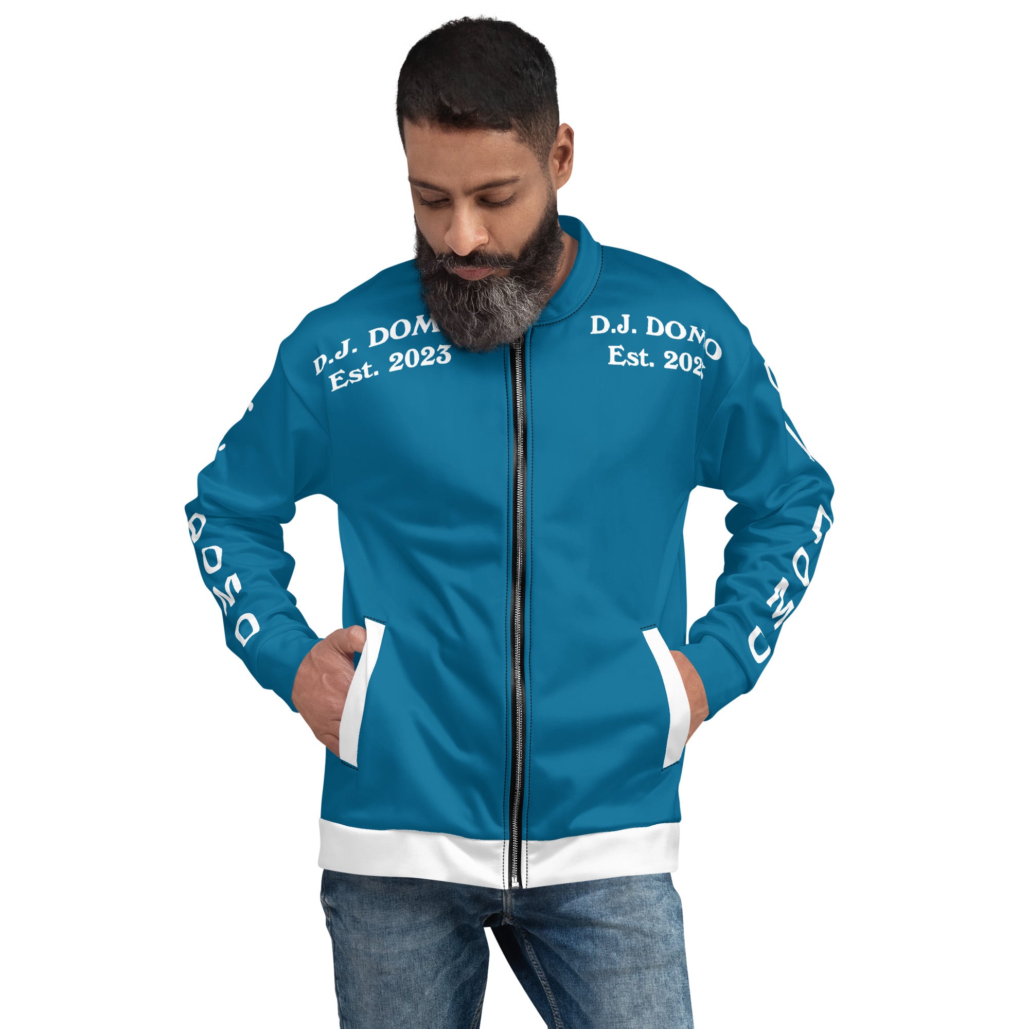 "Regretted" Unisex Bomber Jacket Light Blue/White