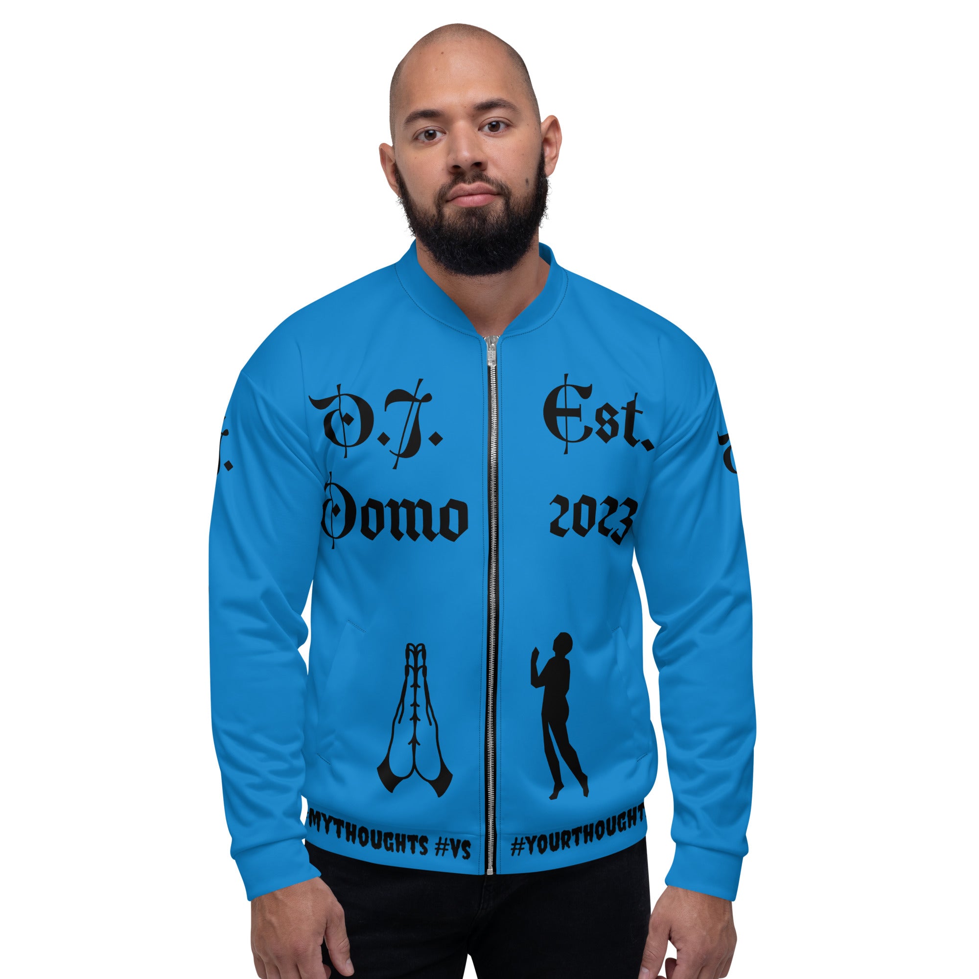 "PRAYER" Unisex Bomber Jacket Light Blue/Black