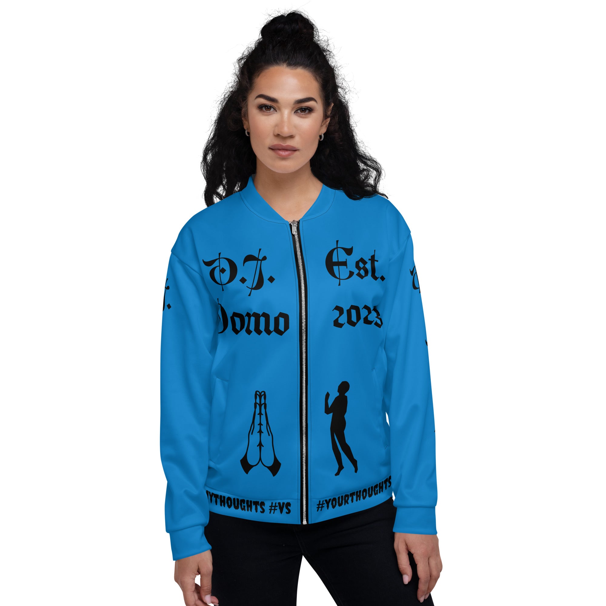 "PRAYER" Unisex Bomber Jacket Light Blue/Black