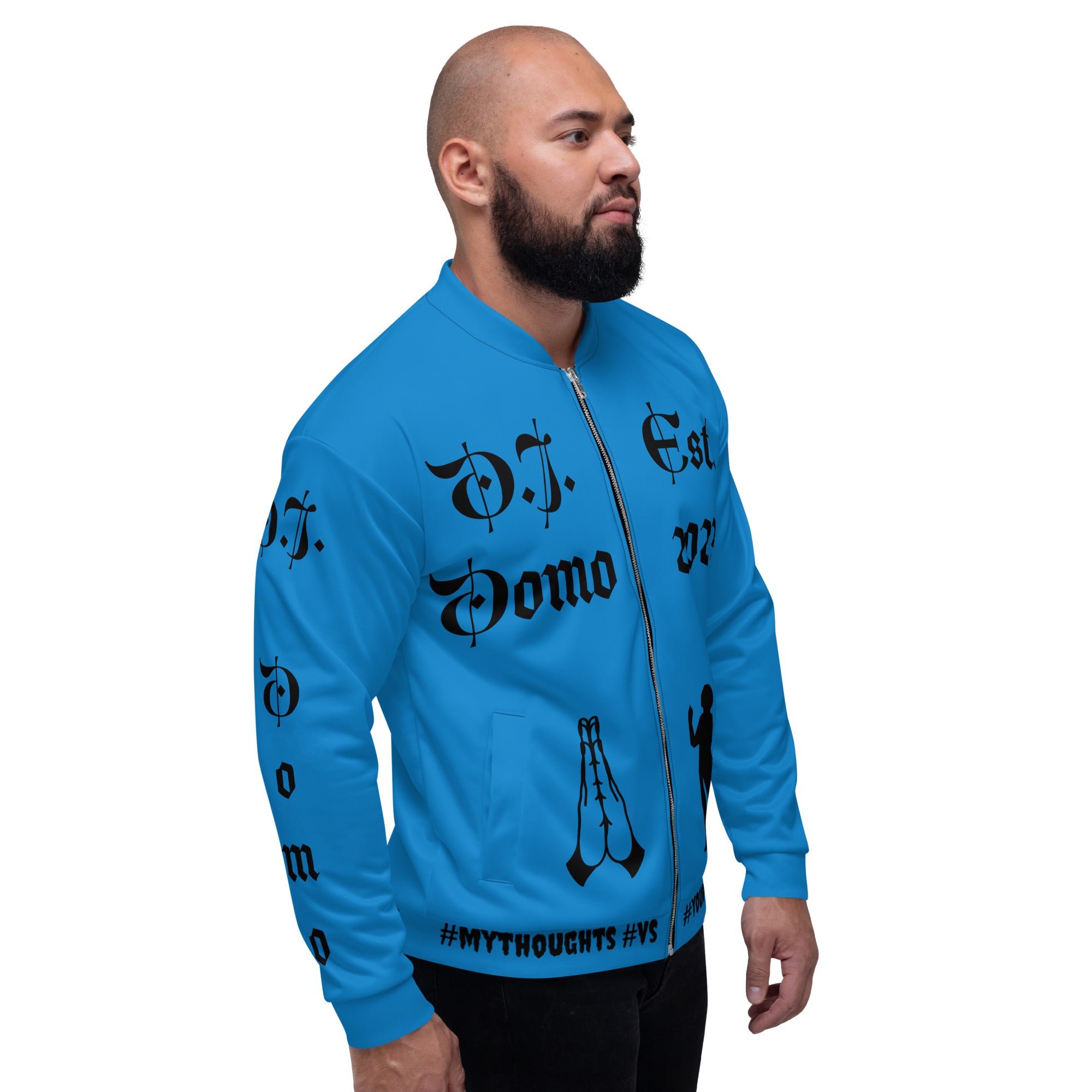 "PRAYER" Unisex Bomber Jacket Light Blue/Black