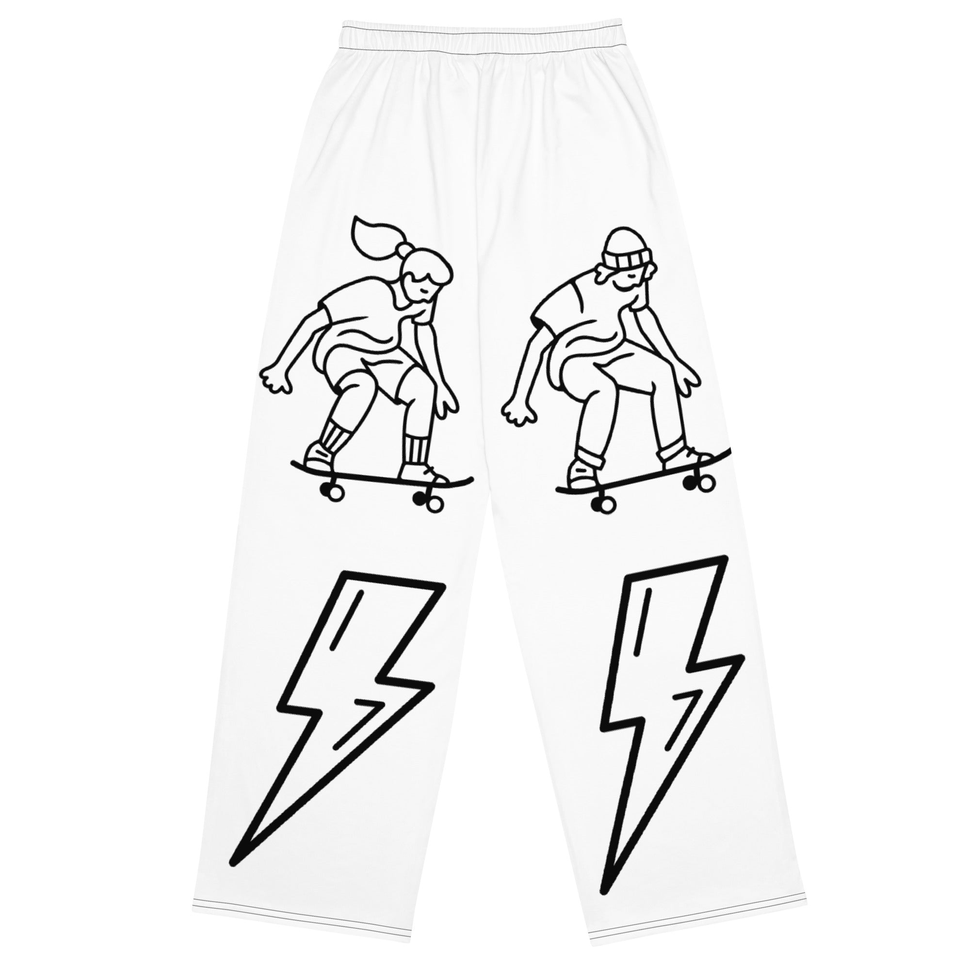 D.J. Domo "Skater Bolts" Unisex Wide-Leg Pants White/Black
